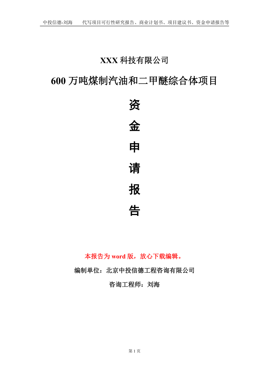 600万吨煤制汽油和二甲醚综合体项目资金申请报告模板定制代写.doc_第1页