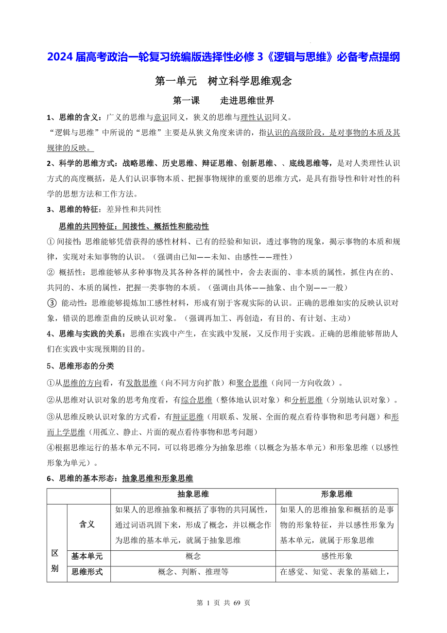 2024届高考政治一轮复习统编版选择性必修3《逻辑与思维》必备考点提纲（附期末试卷及答案3套）.docx_第1页