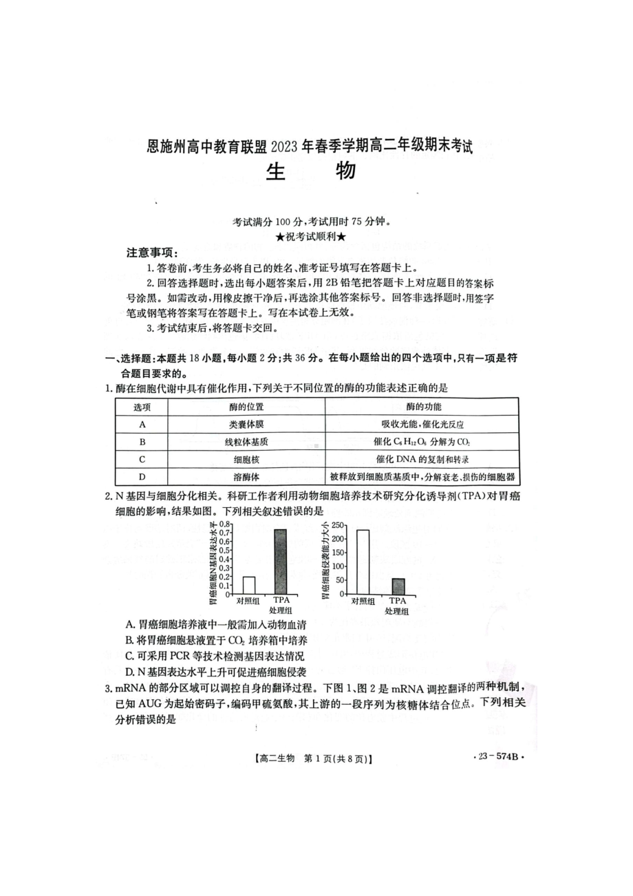 湖北省恩施州2022-2023高二下学期期末生物试卷+答案.pdf_第1页