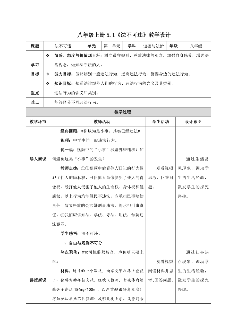 道德与法治人教版八年级上册（2017年新编）5.1 法不可违（教学设计）.docx_第1页