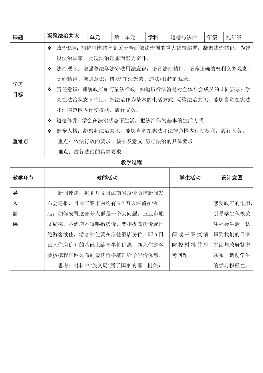 道德与法治人教版九年级上册（2018年新编）4.2 凝聚法治共识（教学设计）.docx_第1页