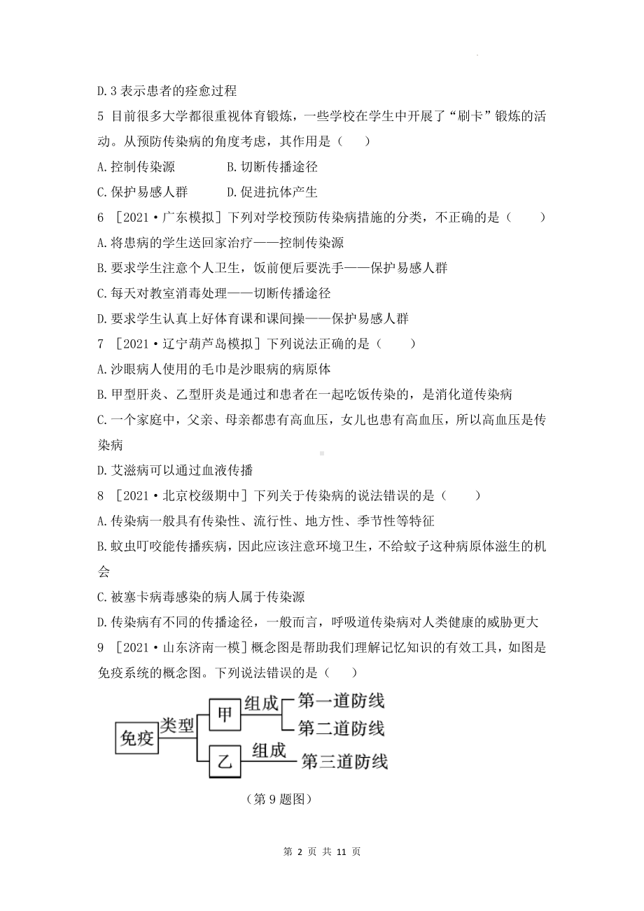 人教版八年级下册生物第八单元第一章传染病和免疫测试卷（Word版含答案）.docx_第2页