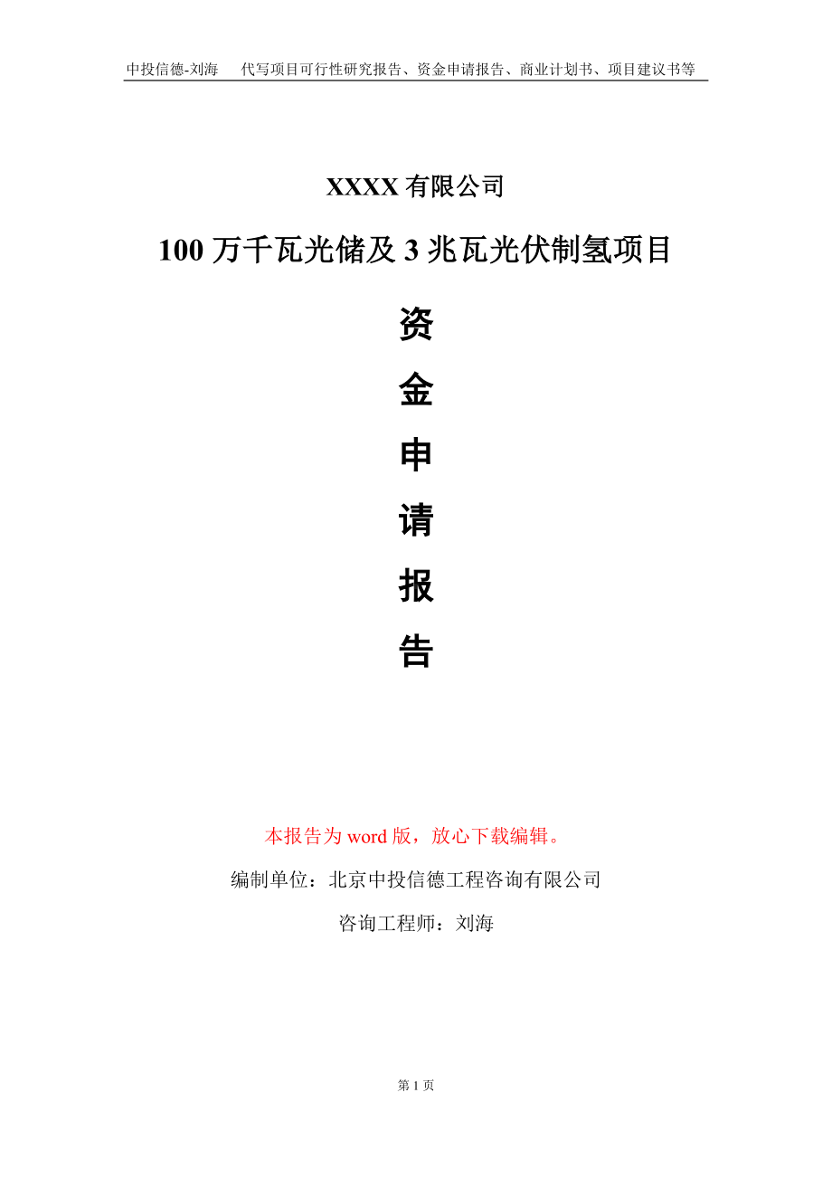 100万千瓦光储及3兆瓦光伏制氢项目资金申请报告写作模板.doc_第1页