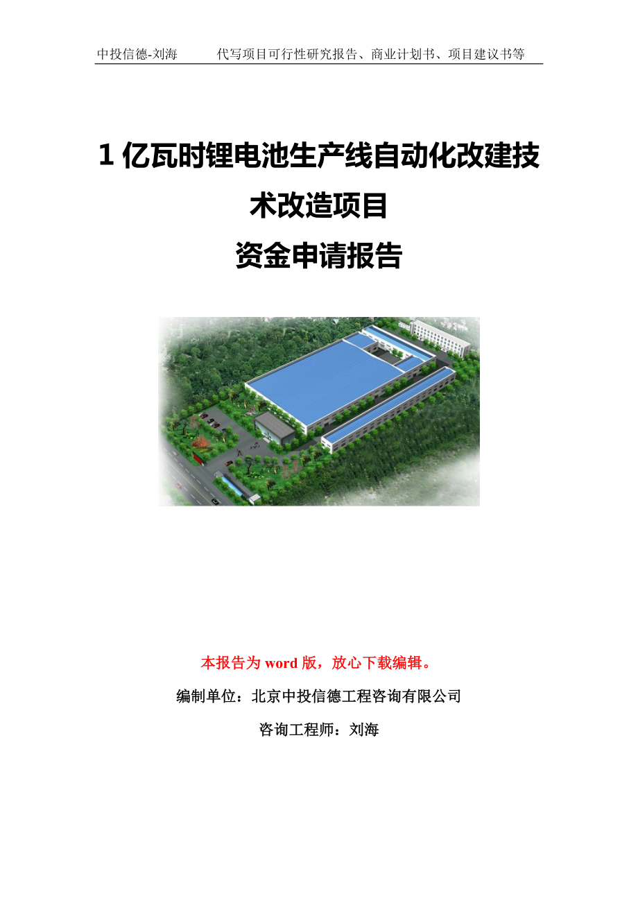 1亿瓦时锂电池生产线自动化改建技术改造项目资金申请报告模板定制.doc_第1页