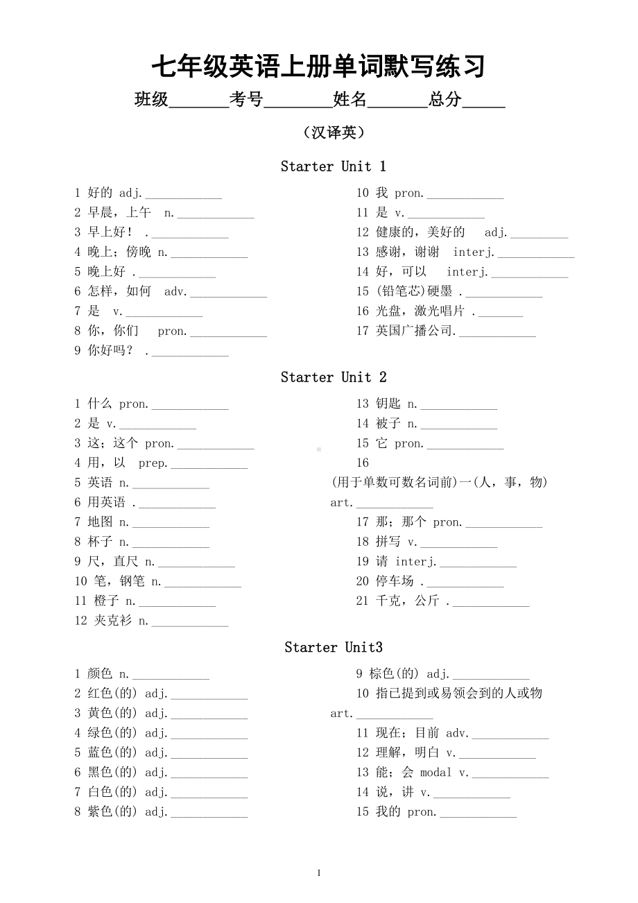 初中英语人教新目标七年级上册Starter Unit 1-3单词默写练习（英汉互译互为答案）.doc_第1页