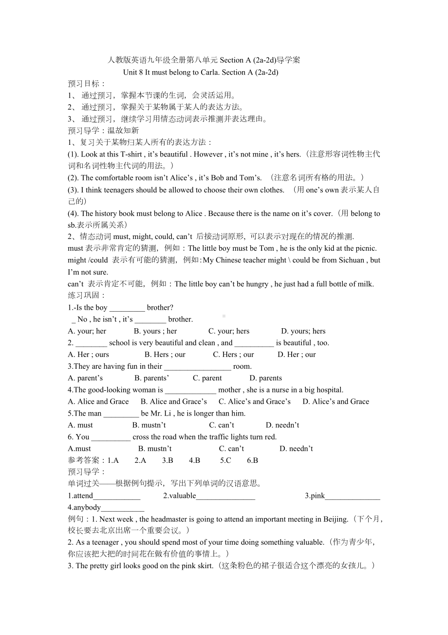 初中英语九年级全册-Unit 8Section A (2a-2d)导学案.docx_第1页