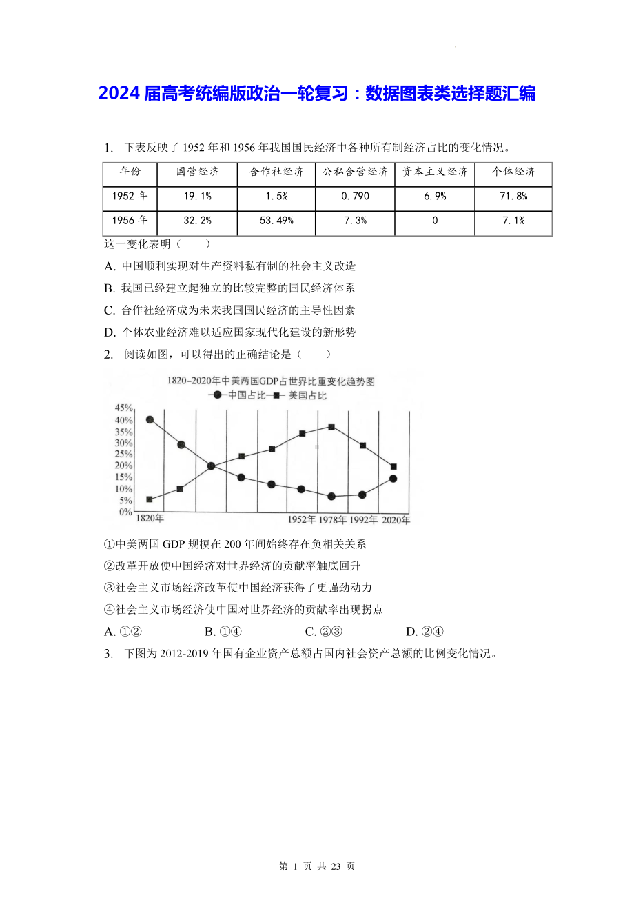 2024届高考统编版政治一轮复习：数据图表类选择题汇编（含答案解析）.docx_第1页