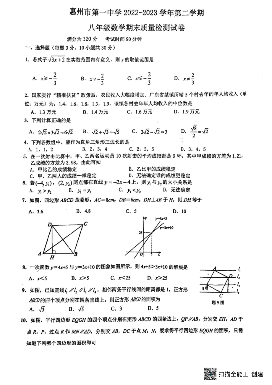 广东省惠州市第一 学2022-2023学年下学期八年级数学期末质量检测试卷 - 副本.pdf_第1页