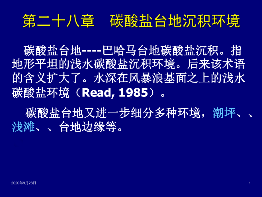 28碳酸盐台地沉积环境及29海相深水碳酸盐解析课件.ppt_第1页