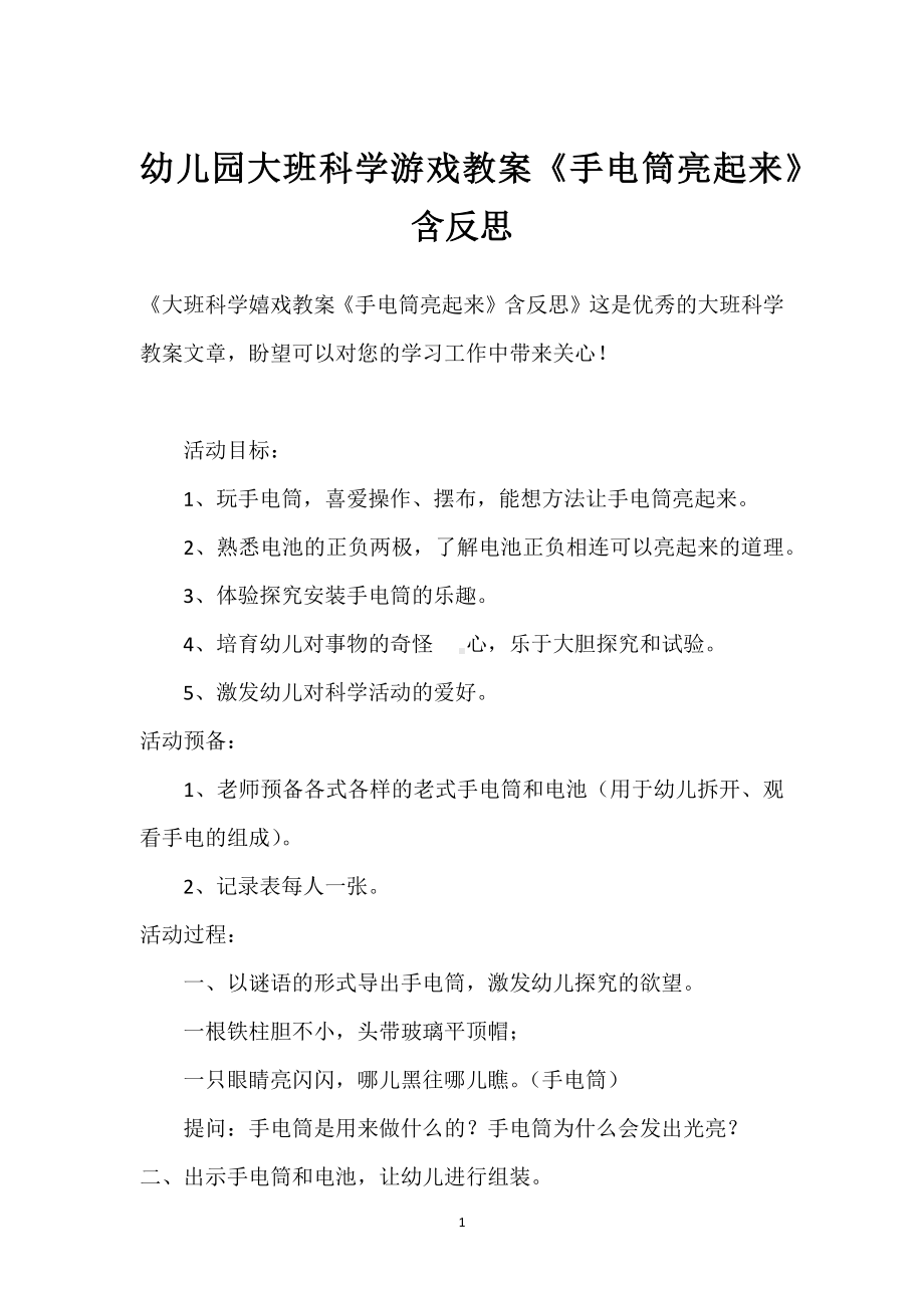 幼儿园大班科学游戏教案《手电筒亮起来》含反思模板范本.docx_第1页