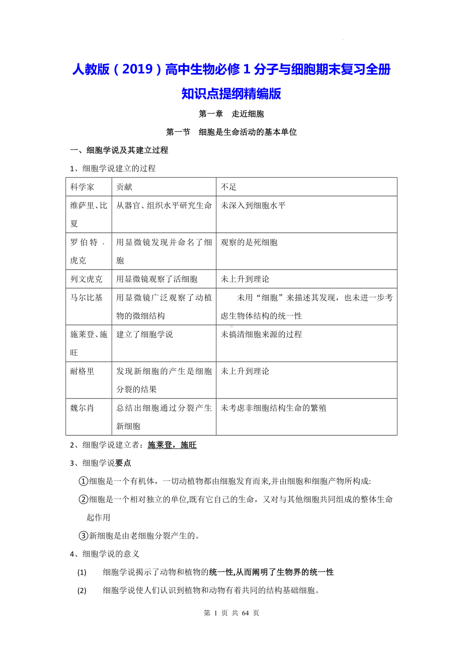 人教版（2019）高中生物必修1分子与细胞期末复习全册知识点提纲精编版（实用必备！）.docx_第1页