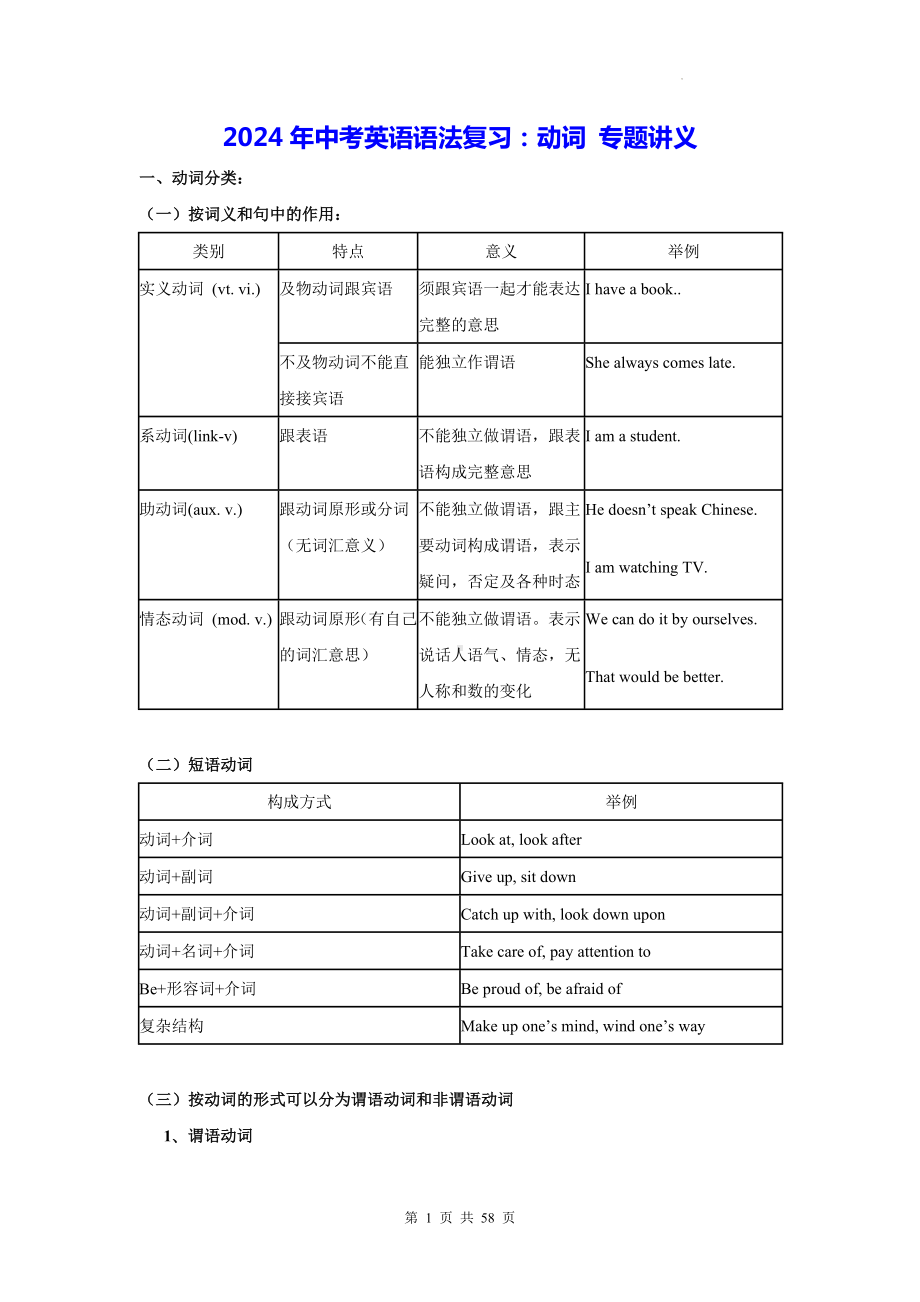 2024年中考英语语法复习：动词 专题讲义（含练习题及答案）.docx_第1页