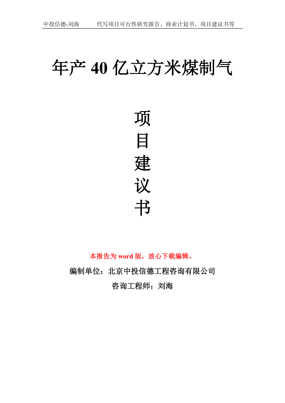 年产40亿立方米煤制气项目建议书写作模板拿地立项备案.doc_第1页