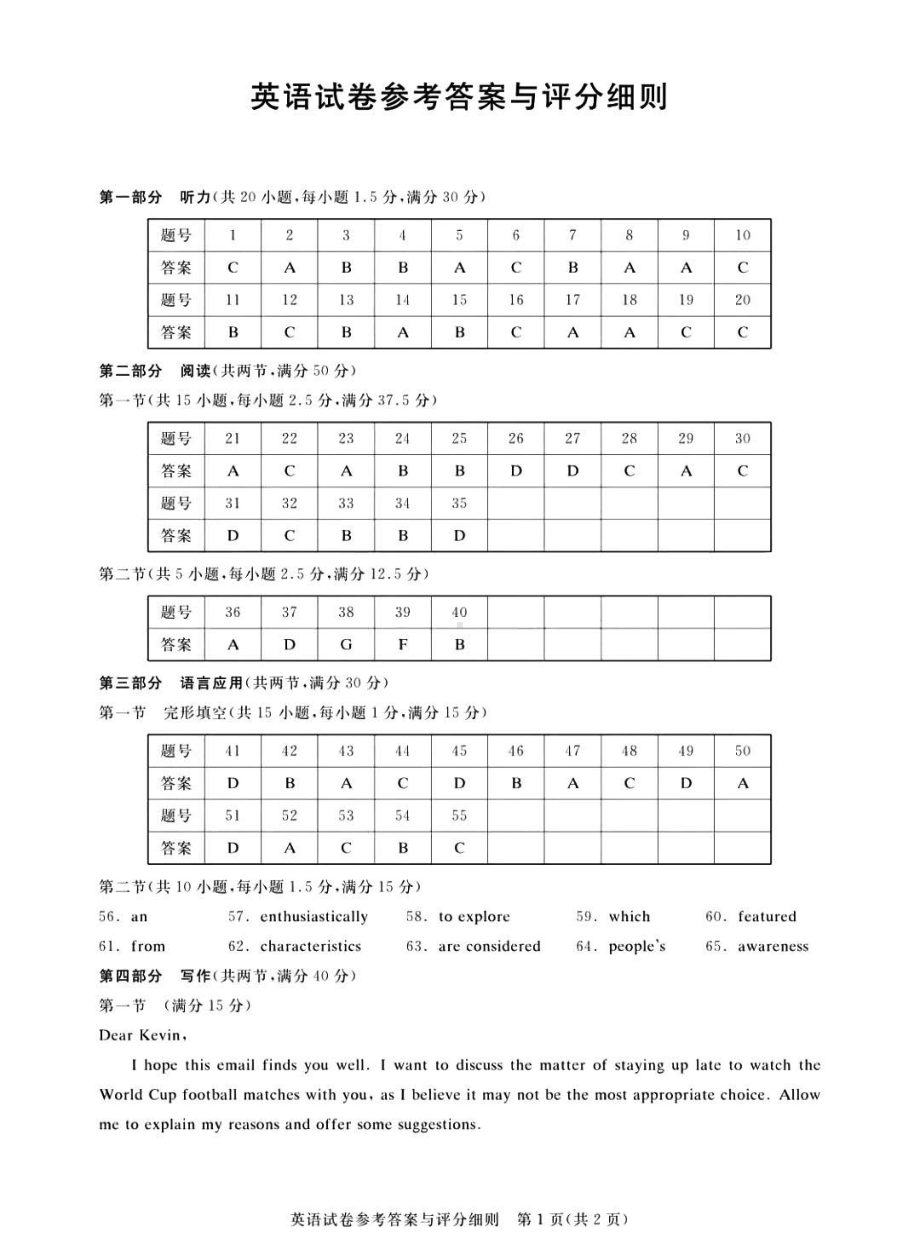 广东省2024届广州高三阶段训练市统考 英语答案.pdf_第1页