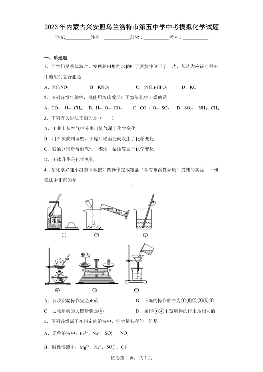 2023年内蒙古兴安盟乌兰浩特市第五中学中考模拟化学试题.docx_第1页