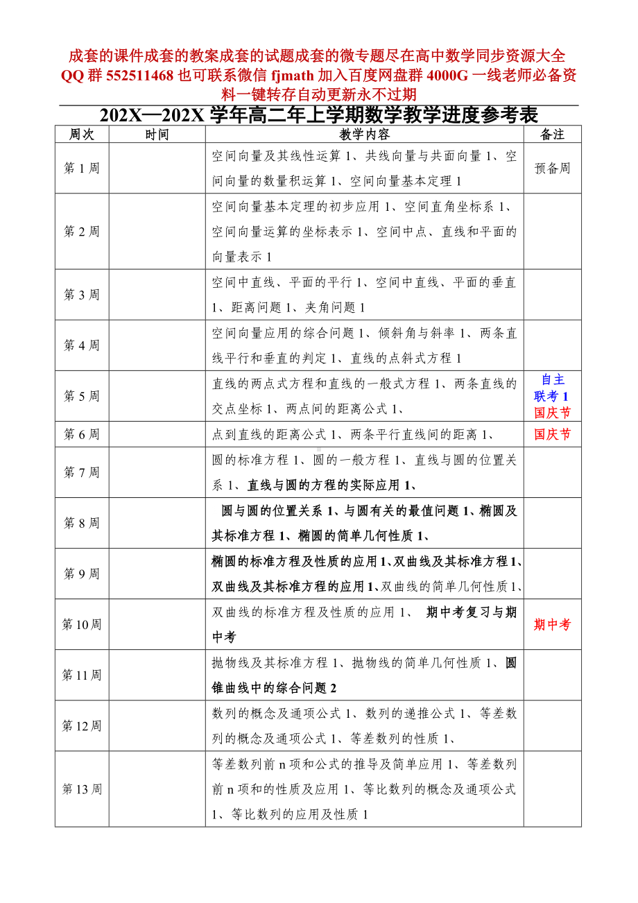 高二年上学期数学教学进度参考表.docx_第1页