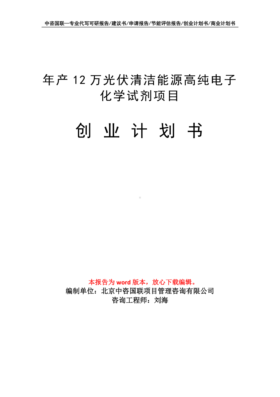 年产12万光伏清洁能源高纯电子化学试剂项目创业计划书写作模板.doc_第1页