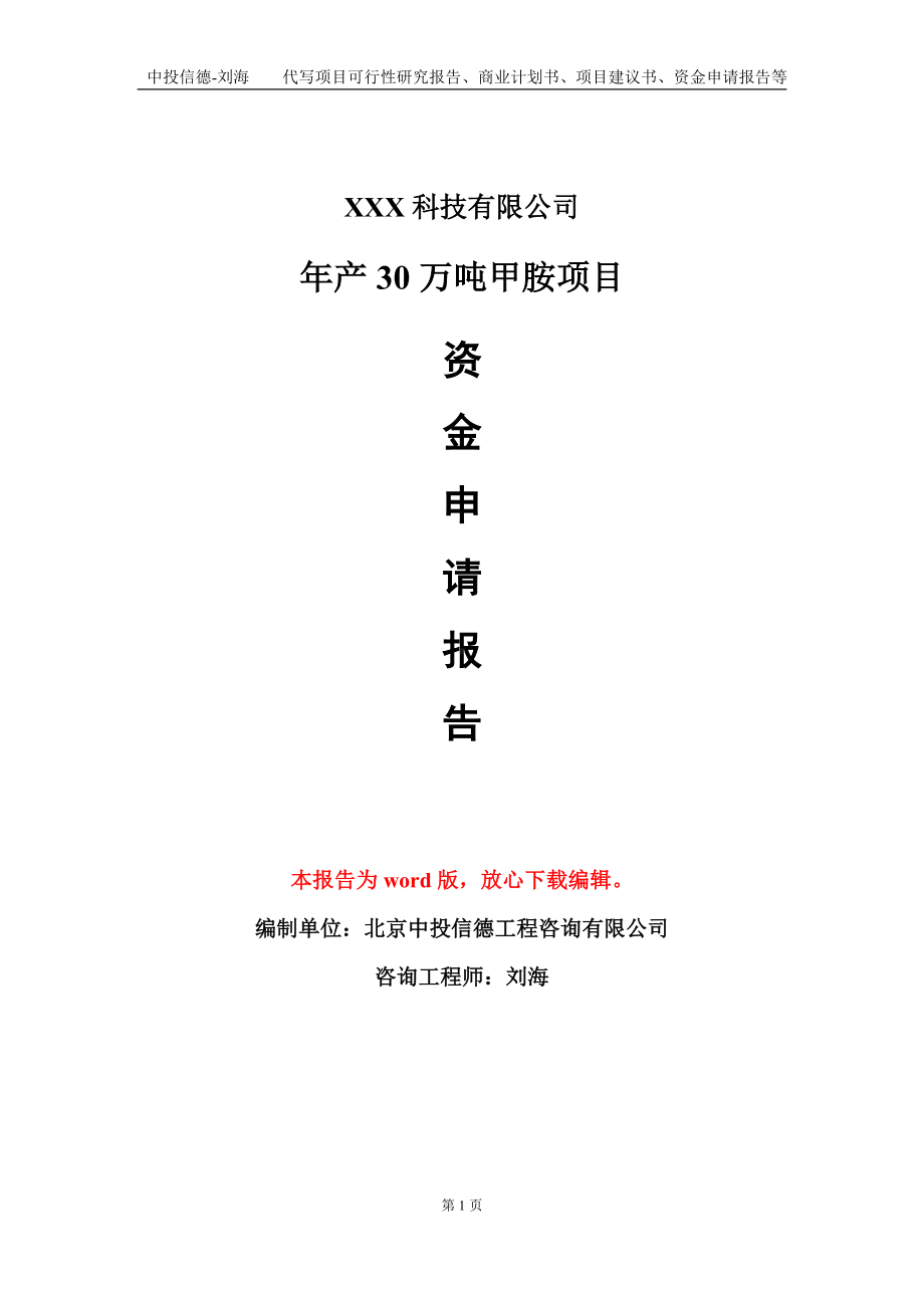 年产30万吨甲胺项目资金申请报告模板定制代写.doc_第1页