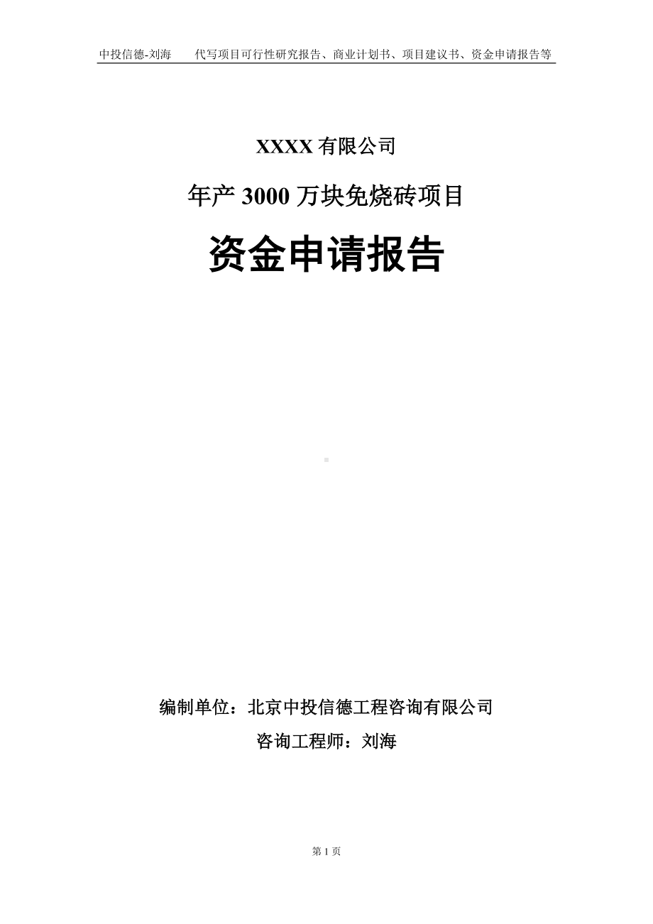 年产3000万块免烧砖项目资金申请报告写作模板.doc_第1页