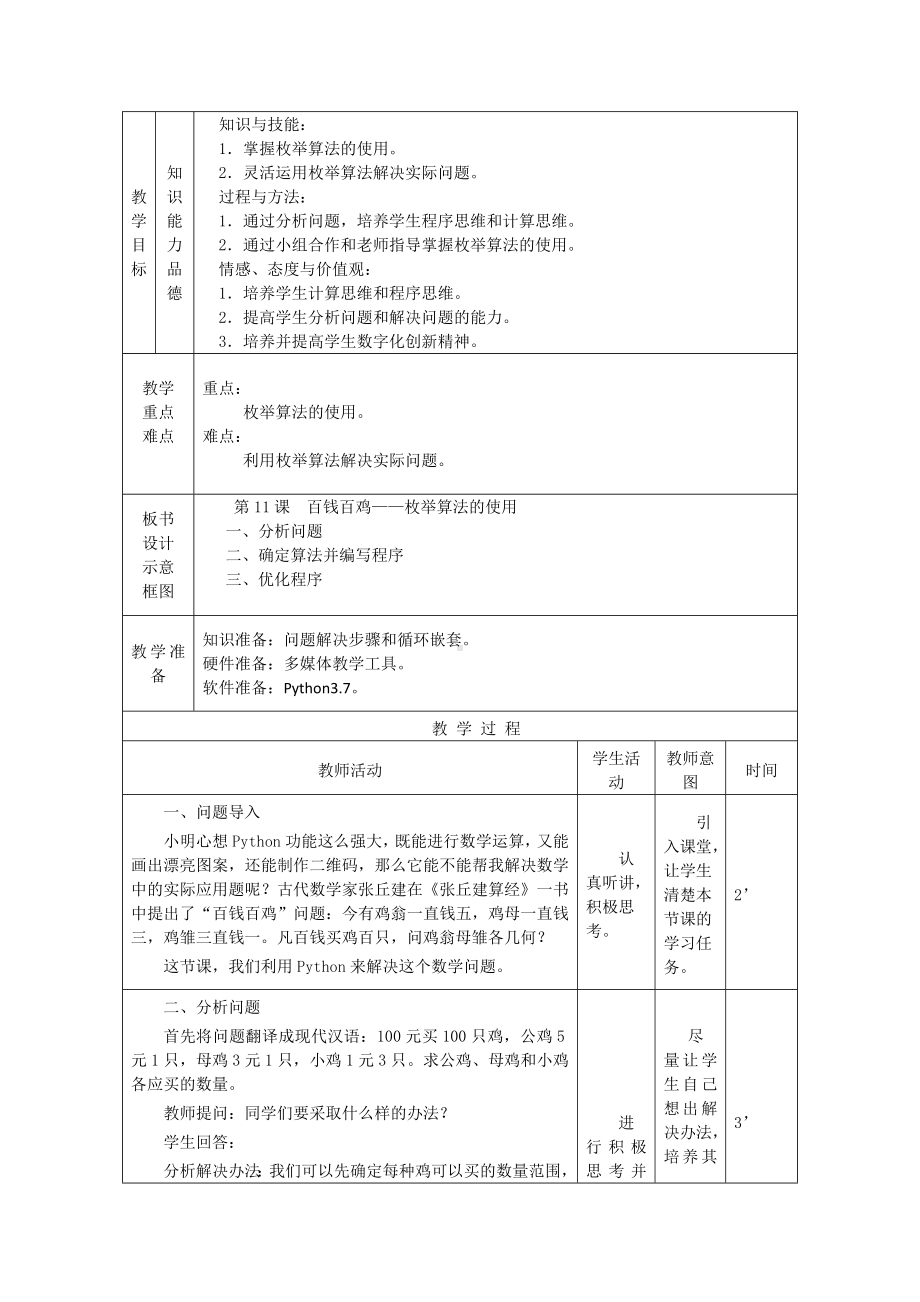 第11课 百钱百鸡 教案-2023秋南方版（2019）八年级上册《信息技术》.doc_第2页