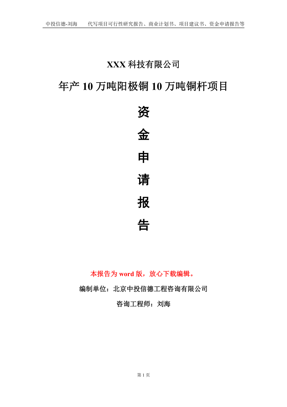 年产10万吨阳极铜10万吨铜杆项目资金申请报告模板定制代写.doc_第1页