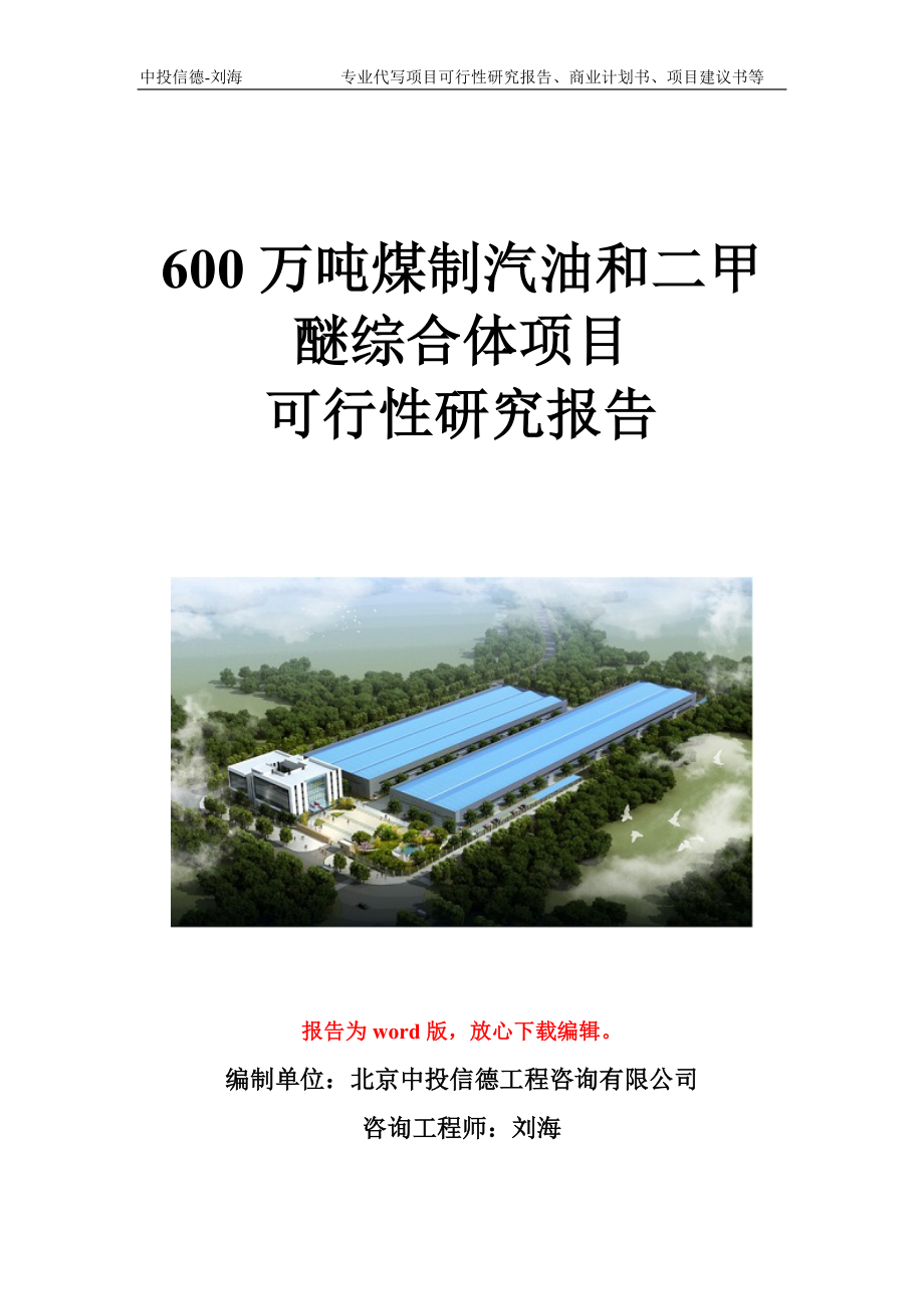 600万吨煤制汽油和二甲醚综合体项目可行性研究报告写作模板立项备案文件.doc_第1页