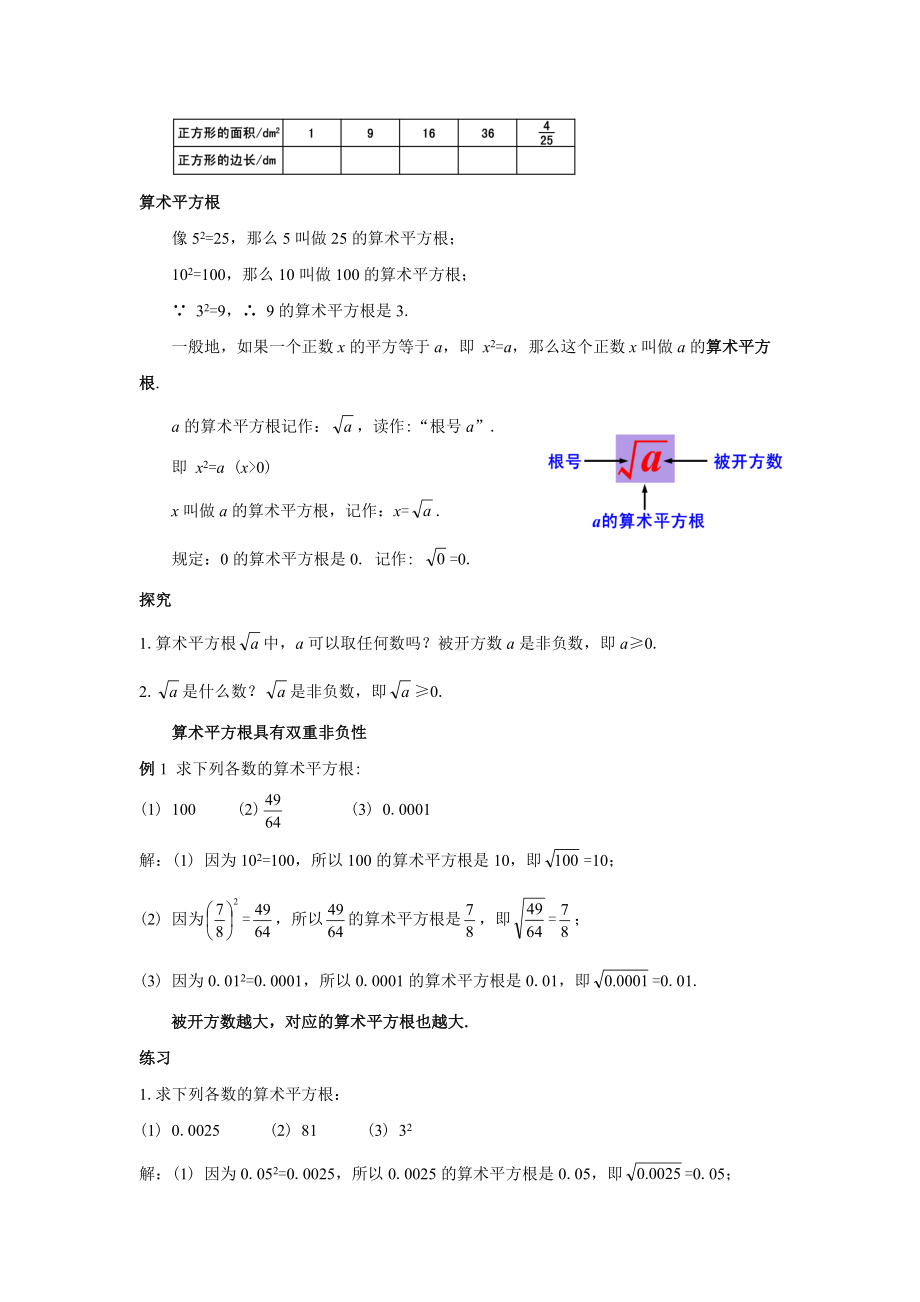 人教版七年级数学下册6.1.1《算术平方根》教案.docx_第2页