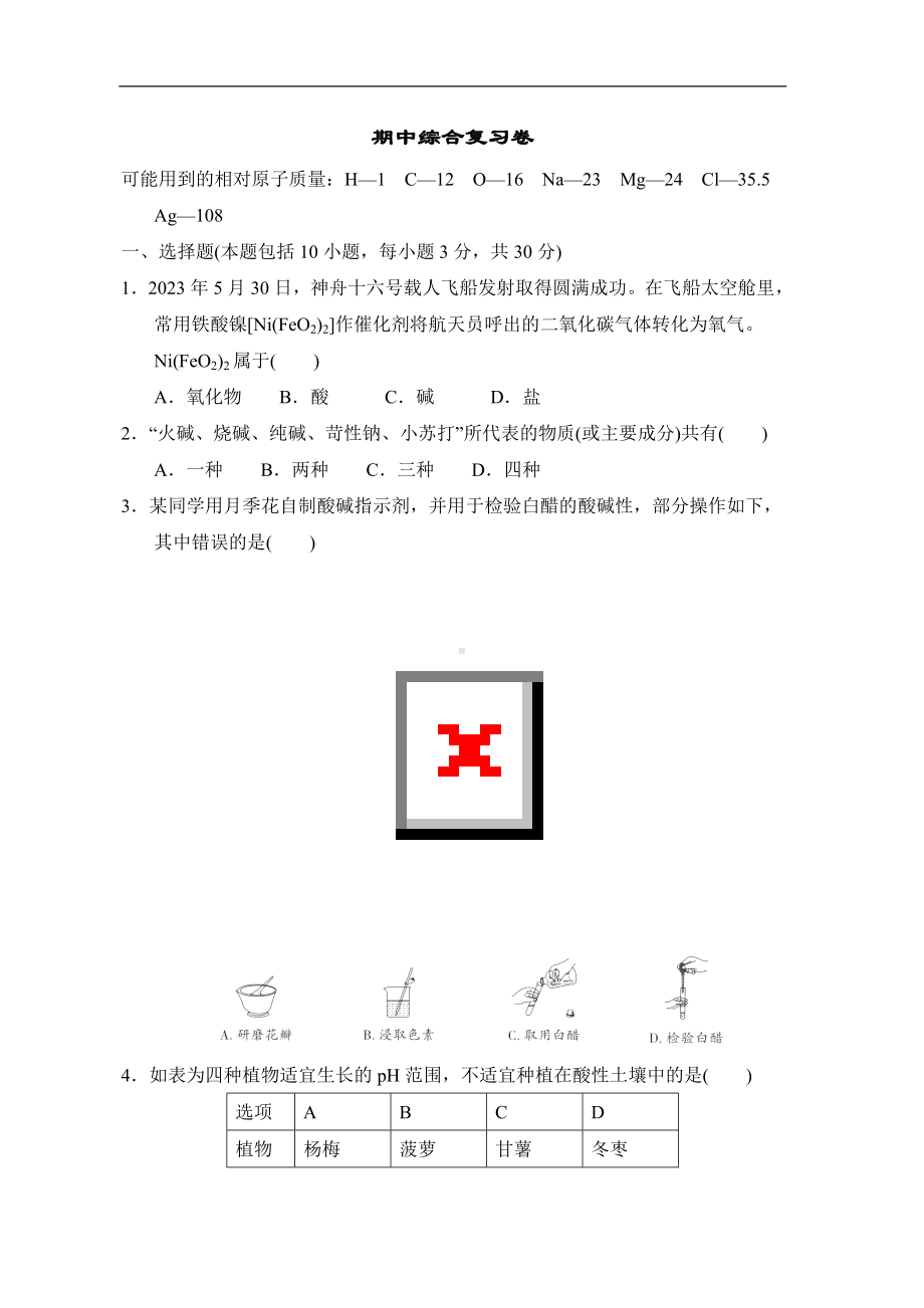 期中综合复习卷 2022-2023学年鲁教版化学九年级下册.doc_第1页