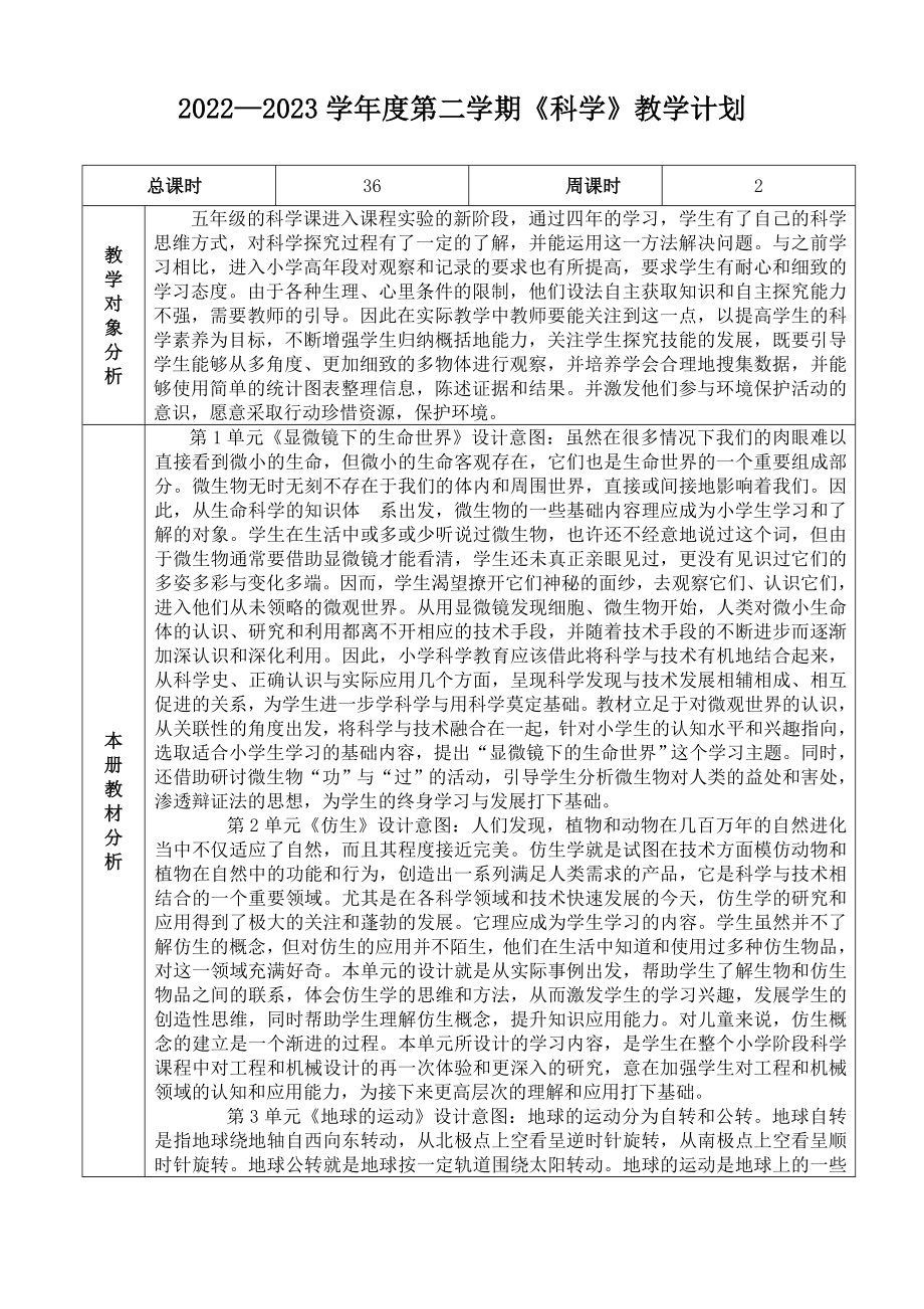 2022-2023南京新苏教版五年级下册《科学》教学计划.doc_第1页