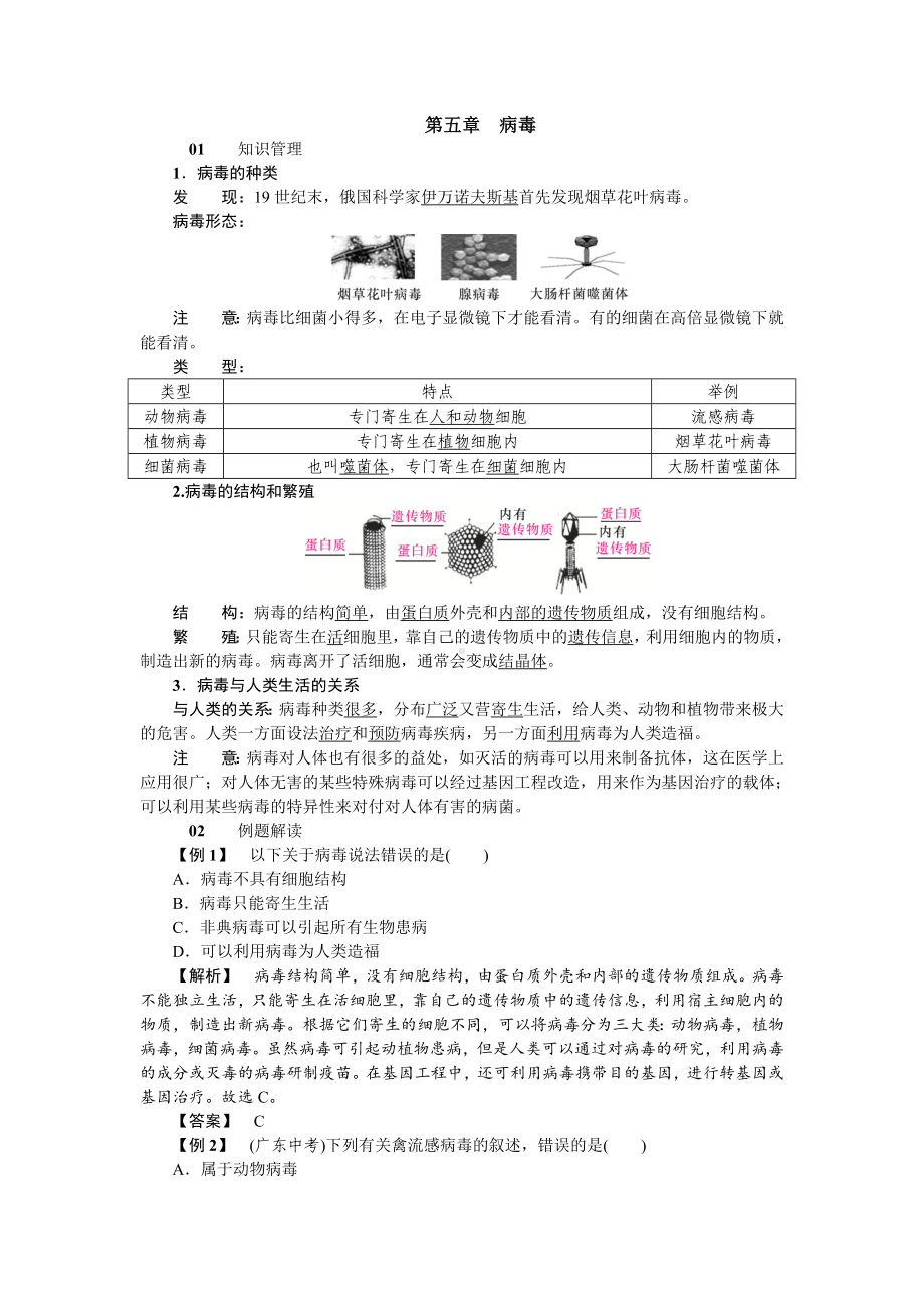 人教八年级生物上册第五章病毒1第五章病毒.doc_第1页