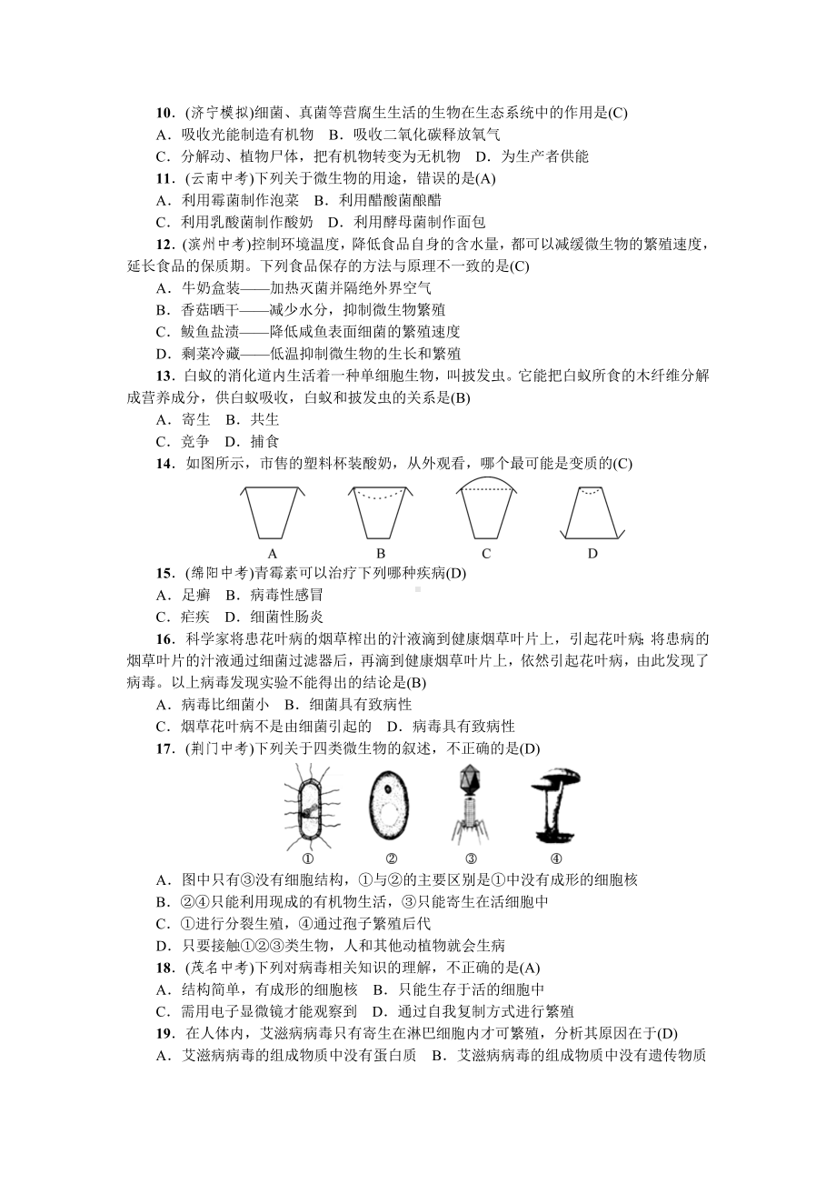 人教八年级生物上册综合测试4单元测试(三)　细菌、真菌和病毒.doc_第2页