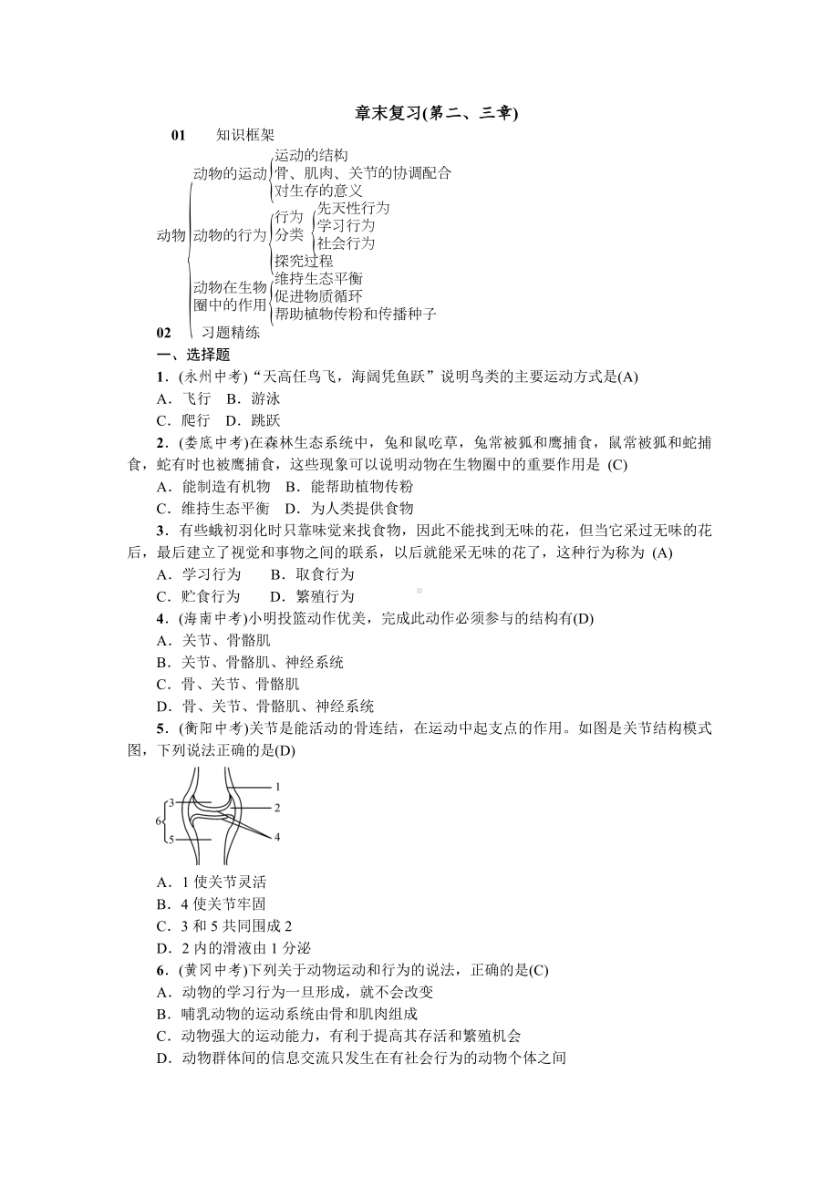 人教八年级生物上册第三章动物在生物圈中的作用章末复习(第二、三章).doc_第1页