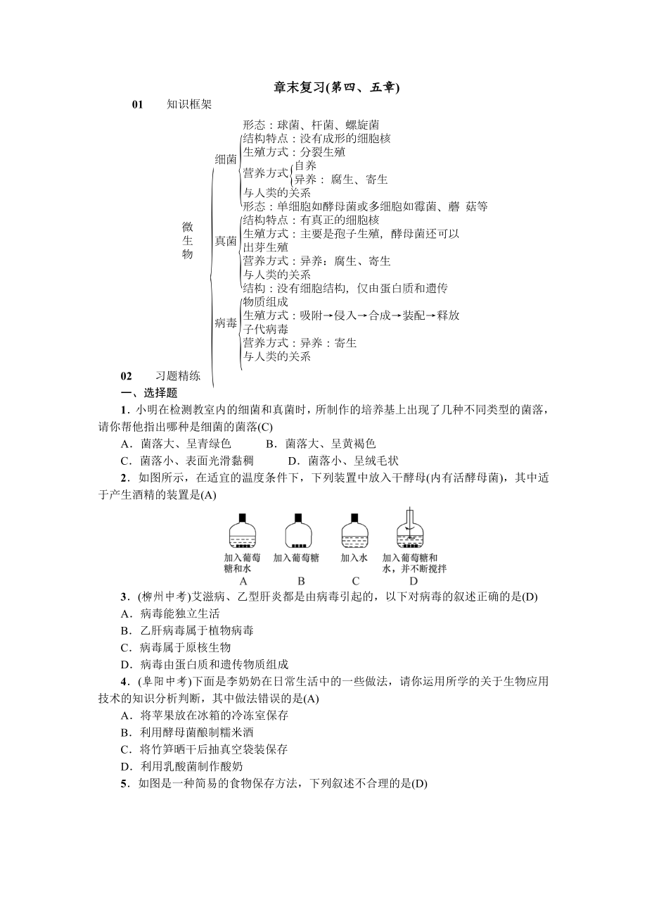 人教八年级生物上册第五章病毒2章末复习(第四、五章).doc_第1页