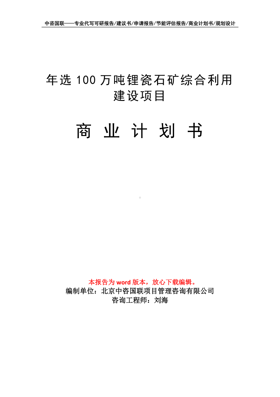 年选100万吨锂瓷石矿综合利用建设项目商业计划书写作模板-融资.doc_第1页