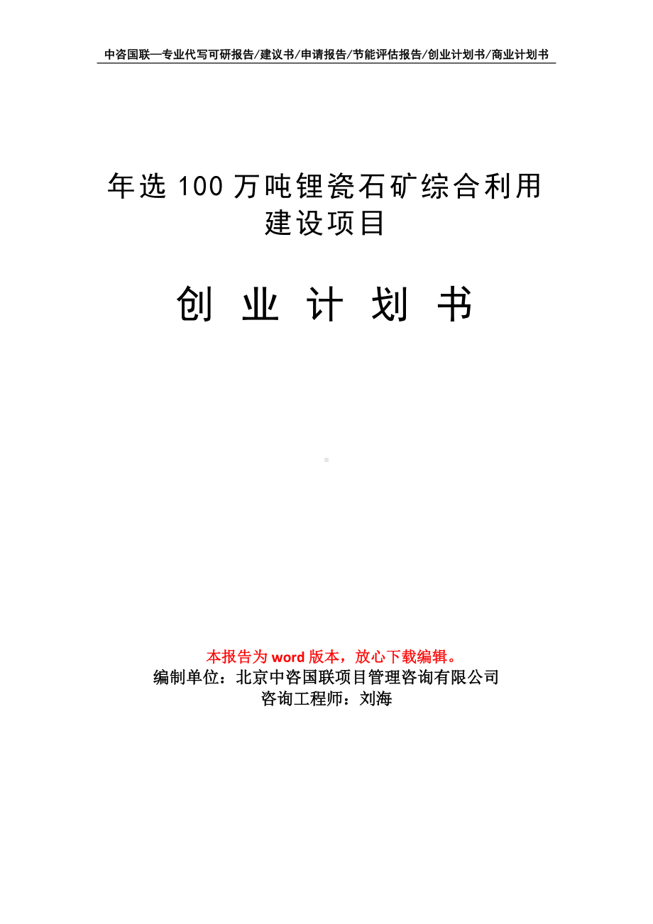 年选100万吨锂瓷石矿综合利用建设项目创业计划书写作模板.doc_第1页