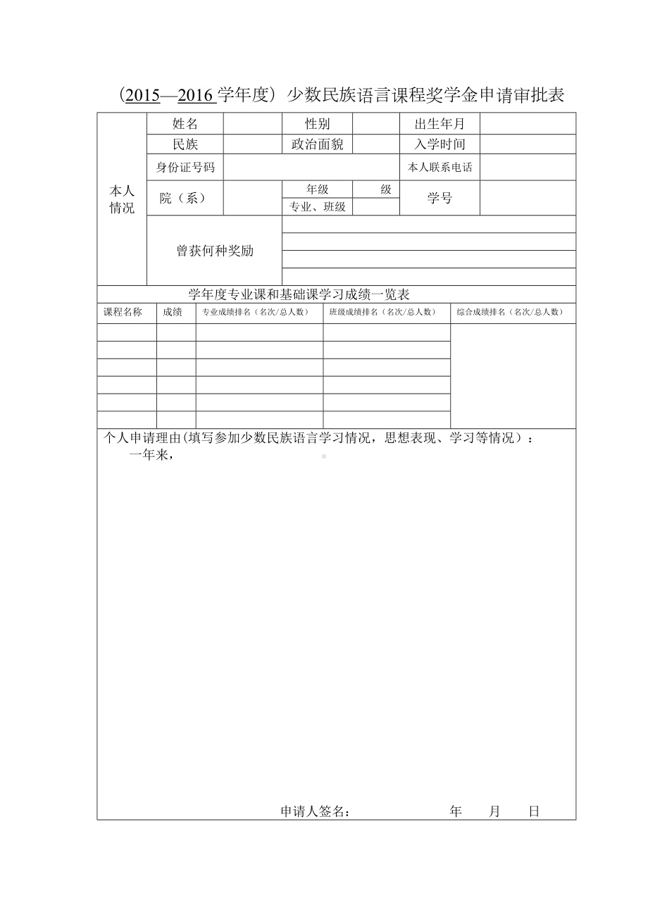 少数民族语言课程学习奖申请审批表.doc_第1页