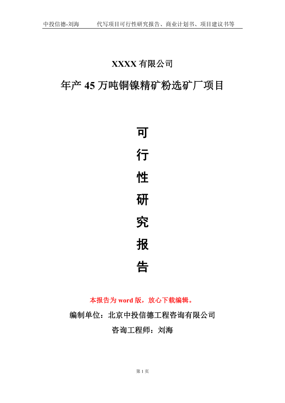 年产45万吨铜镍精矿粉选矿厂项目可行性研究报告模板备案审批定制.doc_第1页