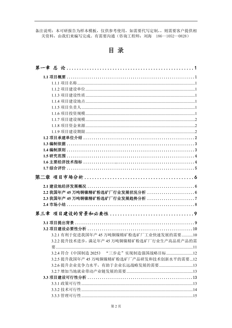 年产45万吨铜镍精矿粉选矿厂项目可行性研究报告模板备案审批定制.doc_第2页