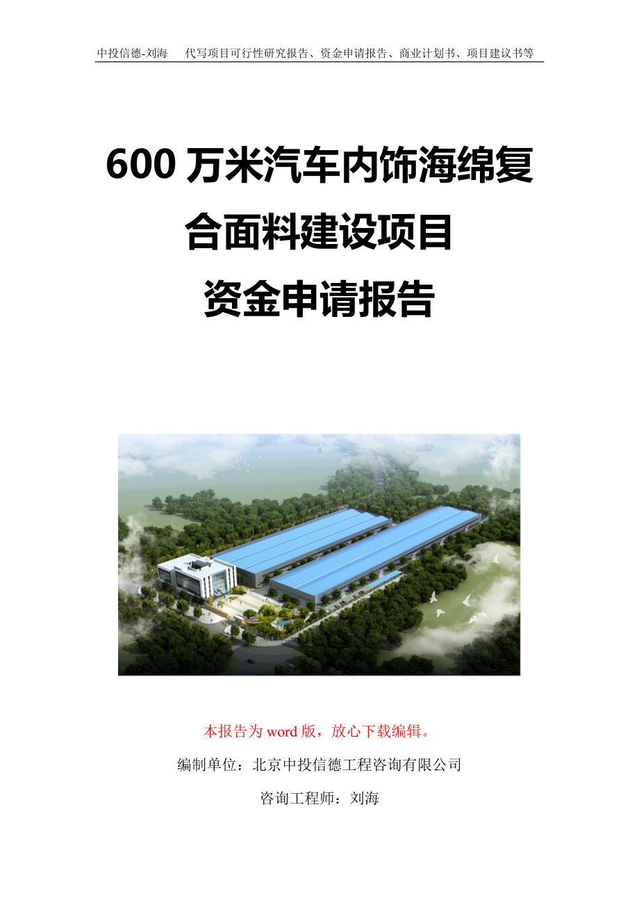 600万米汽车内饰海绵复合面料建设项目资金申请报告写作模板定制.doc_第1页