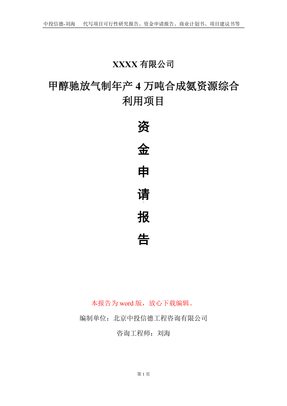 甲醇驰放气制年产4万吨合成氨资源综合利用项目资金申请报告写作模板.doc_第1页