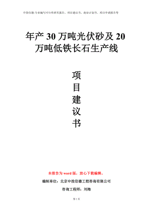 年产30万吨光伏砂及20万吨低铁长石生产线项目建议书写作模板.doc