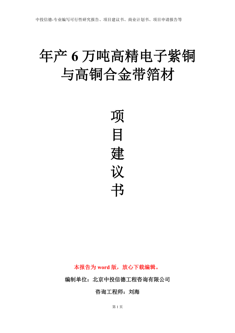 年产6万吨高精电子紫铜与高铜合金带箔材项目建议书写作模板.doc_第1页