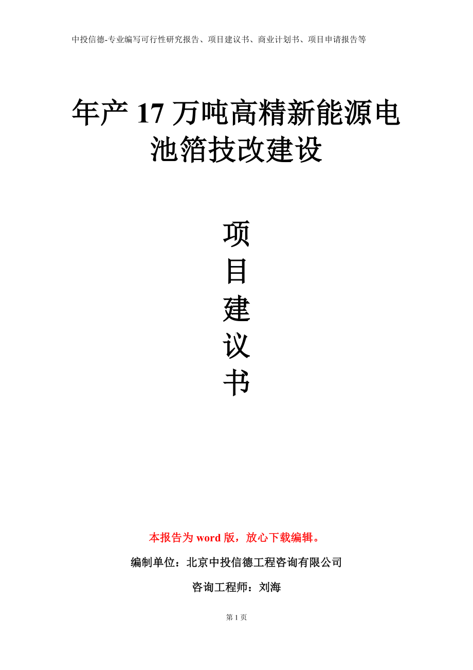 年产17万吨高精新能源电池箔技改建设项目建议书写作模板.doc_第1页