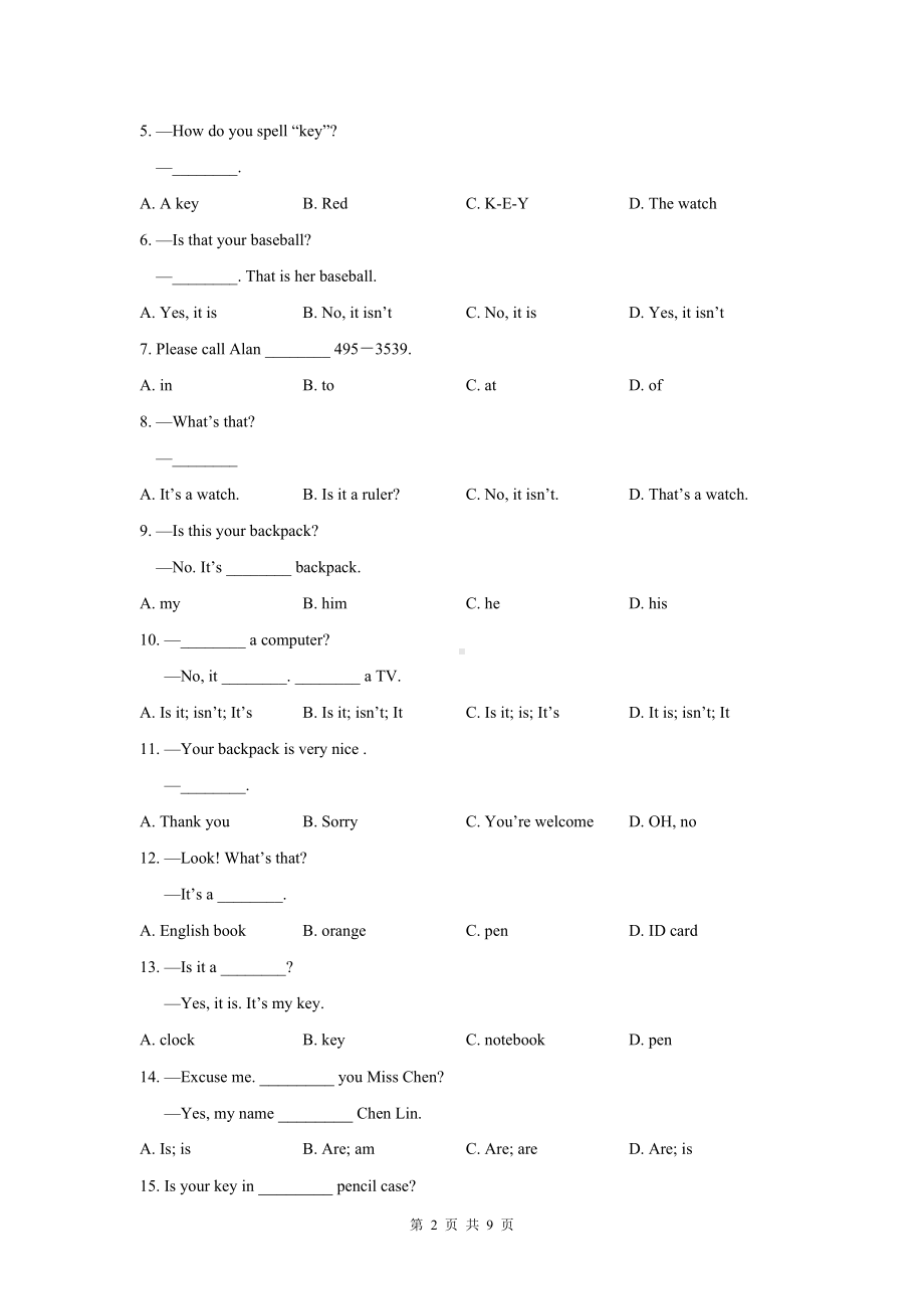 人教版七年级上册英语 Unit 2单元测试卷（Word版含答案）.docx_第2页