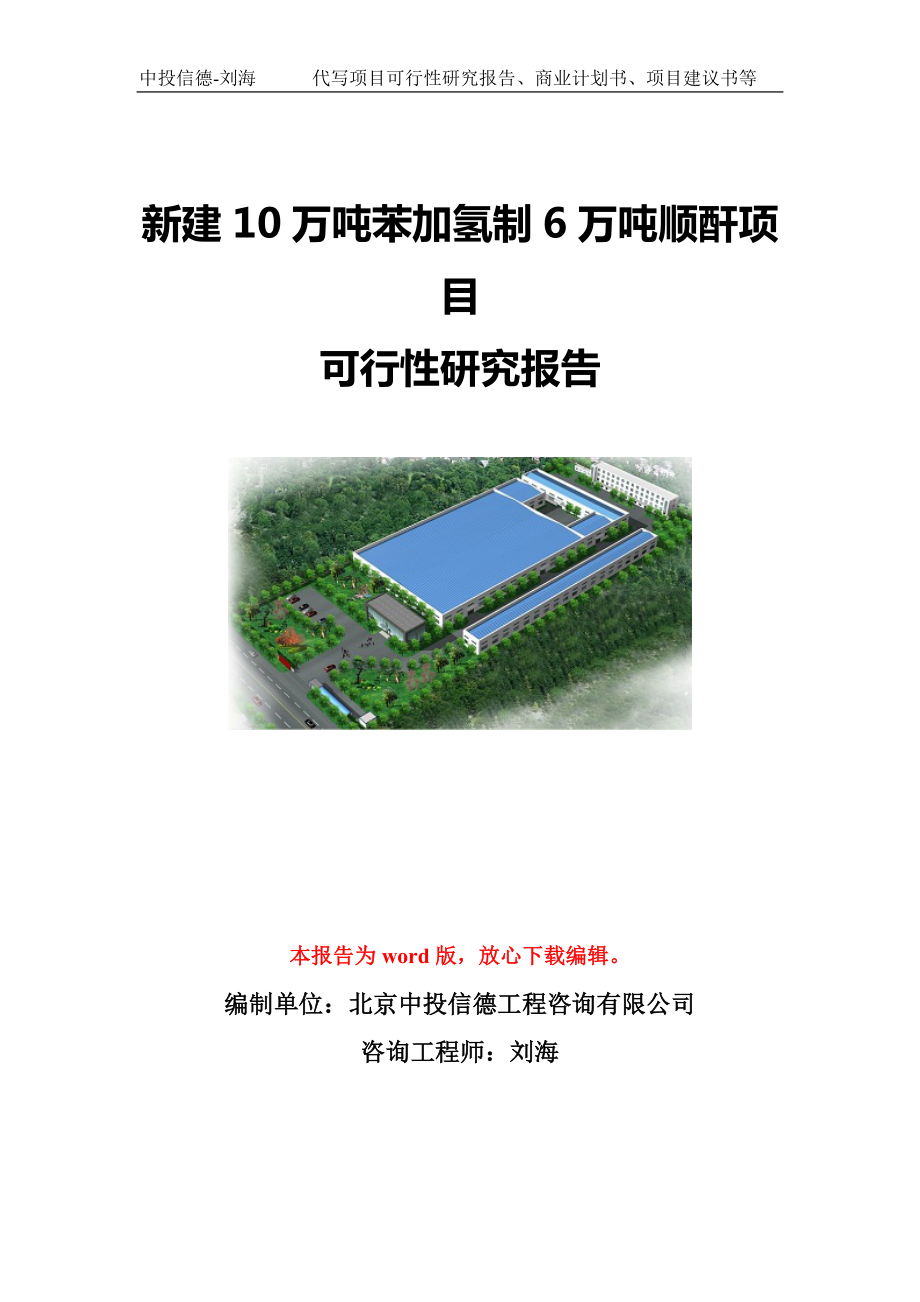 新建10万吨苯加氢制6万吨顺酐项目可行性研究报告模板-立项备案.doc_第1页