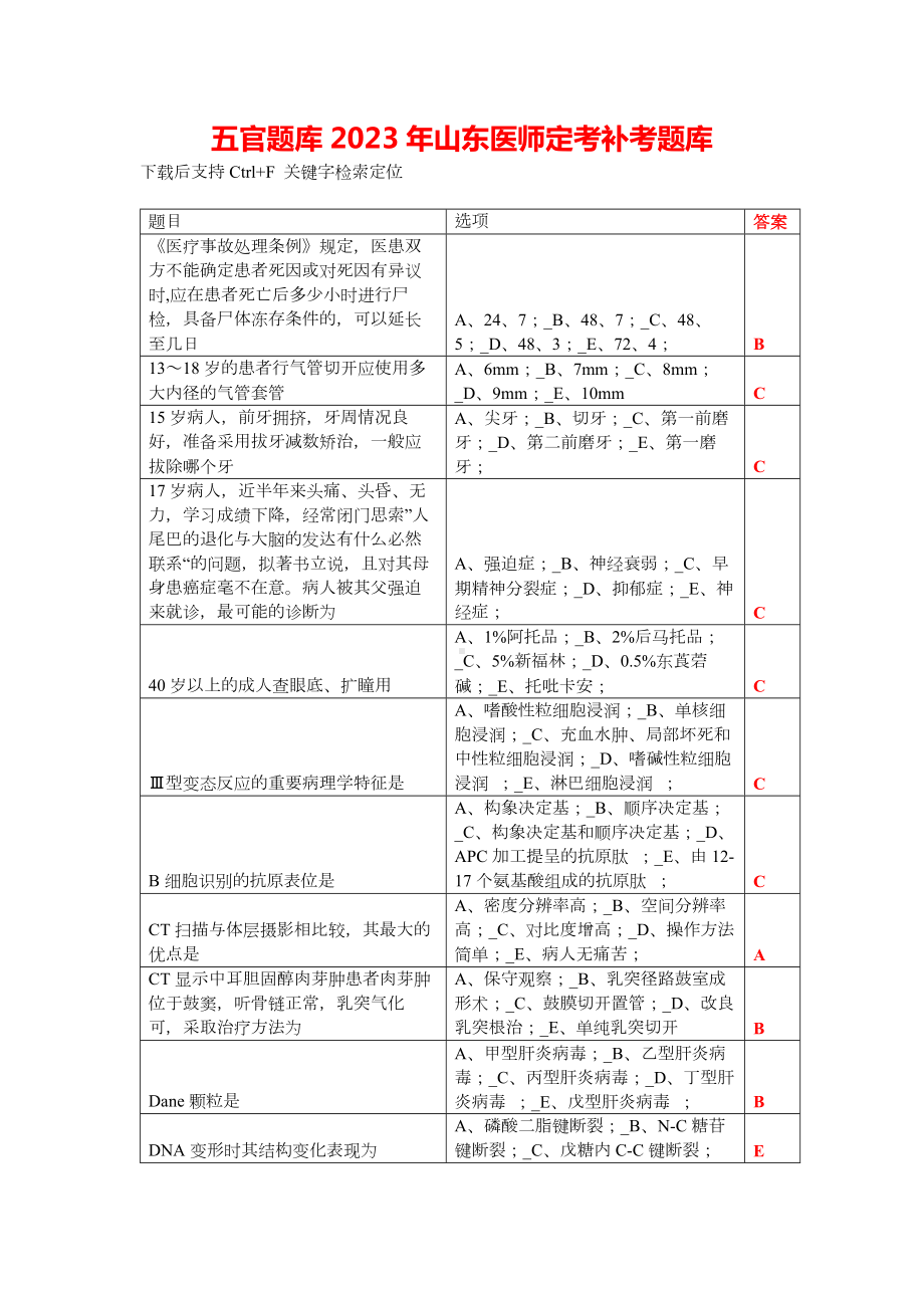 五官题库2023年山东医师定考补考题库.docx_第1页