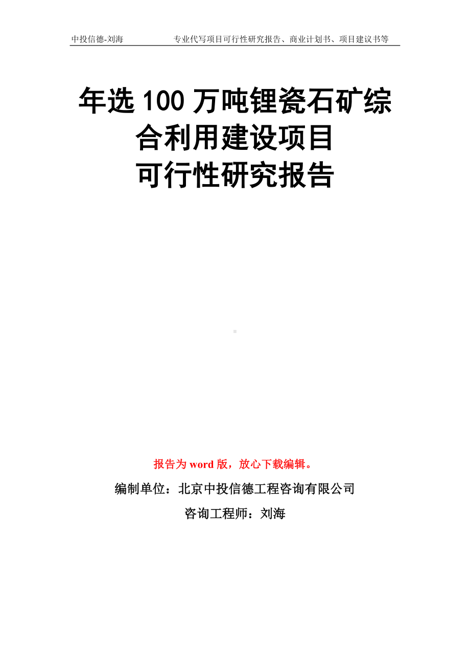 年选100万吨锂瓷石矿综合利用建设项目可行性研究报告模板.doc_第1页