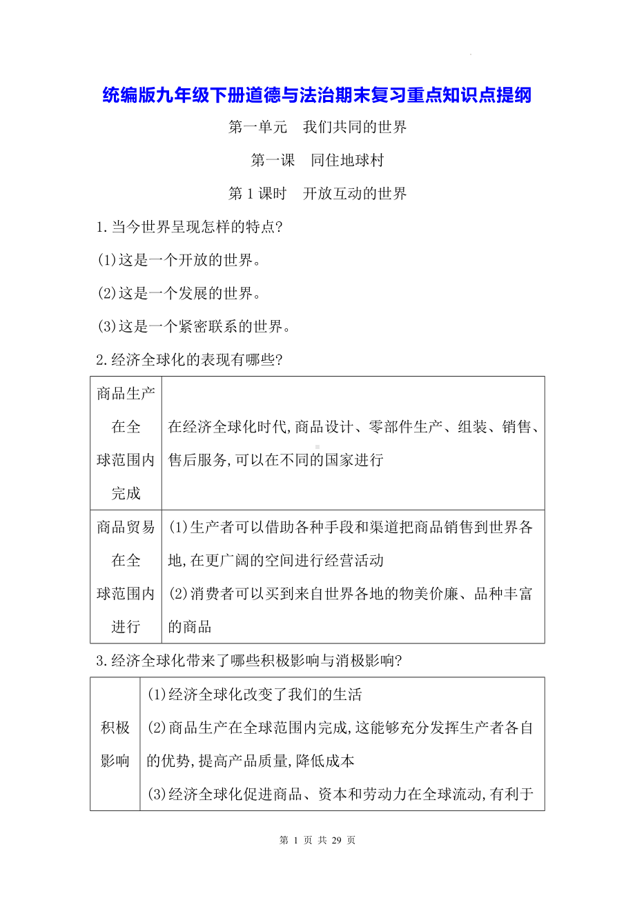 统编版九年级下册道德与法治期末复习重点知识点提纲（实用必备！）.docx_第1页