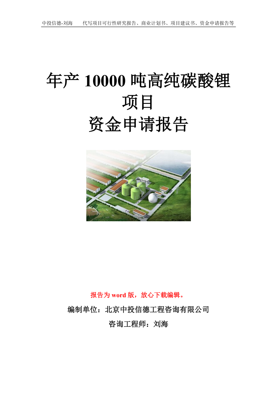 年产10000吨高纯碳酸锂项目资金申请报告模板.doc_第1页