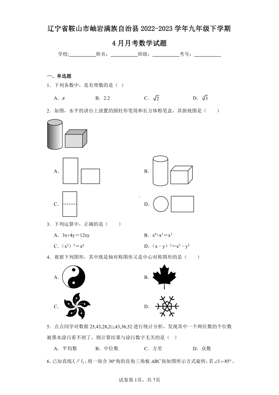 辽宁省鞍山市岫岩满族自治县2022-2023学年九年级下学期4月月考数学试题.pdf_第1页